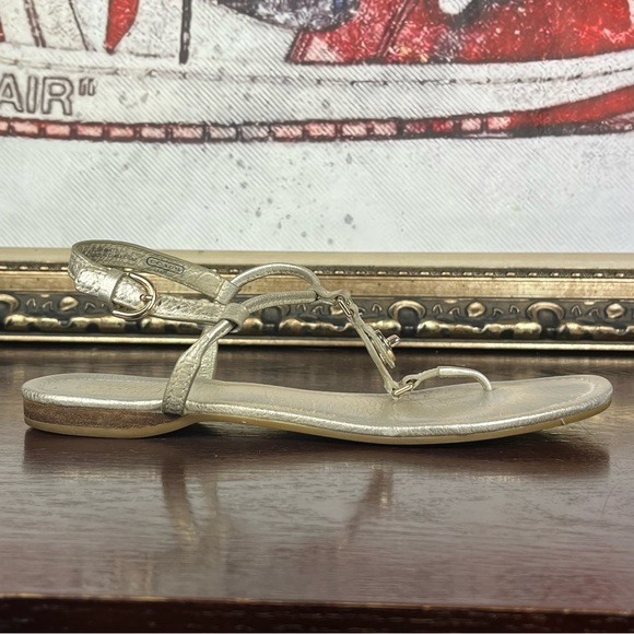 Coach Thong 'Jessica' Sandal Size 9.5 Champagne Silver Ankle Wrap Shoe - Picture 9 of 9
